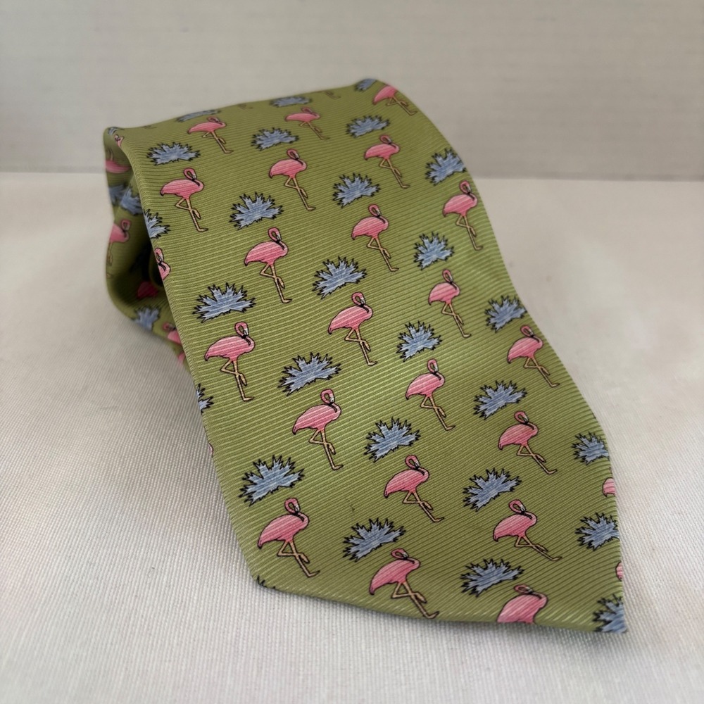 Tropicals by Tango‎ Mens Flamingo Silk Tie Green Pink Novelty Bird Beach
